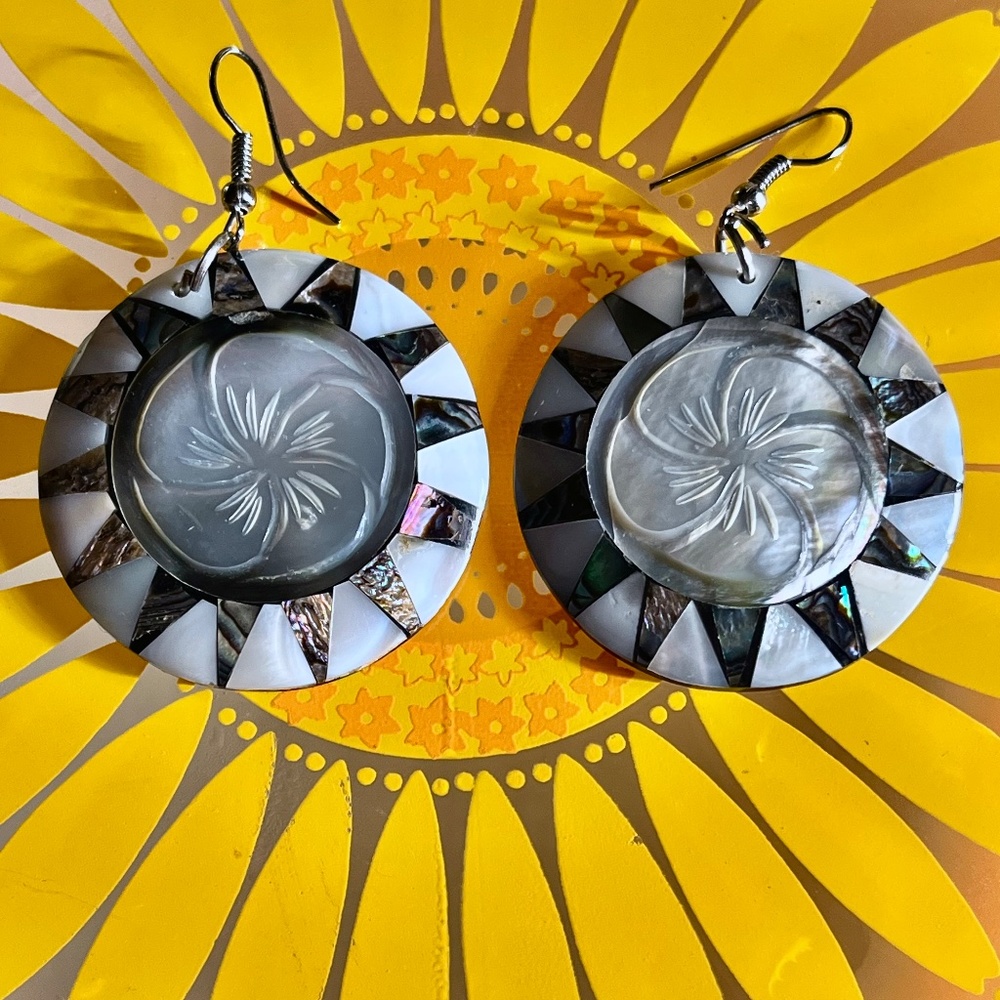 90's Mother of Pearl & Abalone Starburst Earrings - Inlaid MOP Abalone Dangles
